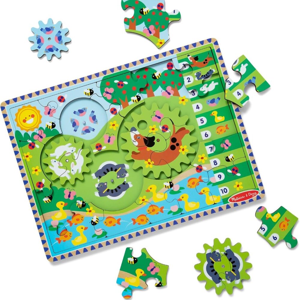 NewMelissa & Doug Wooden Animal Chase Jigsaw Spinning Gear Puzzle – 24 Pieces )